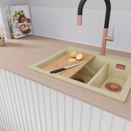 HD Aspen Beige 58 kétmedencés gránit mosogatótálca szett, vágódeszkával, matt fekete csepegtetőráccsal és krómozott kosárral, soft bézs színben, szálcsiszolt réz leeresztő szifonnal