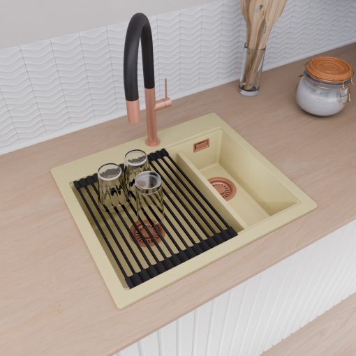 HD Aspen Beige 58 kétmedencés gránit mosogatótálca szett, vágódeszkával, matt fekete csepegtetőráccsal és krómozott kosárral, soft bézs színben, szálcsiszolt réz leeresztő szifonnal