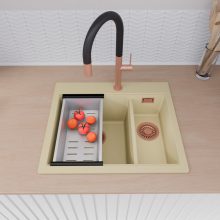 HD Aspen Beige 58 kétmedencés gránit mosogatótálca szett, vágódeszkával, matt fekete csepegtetőráccsal és krómozott kosárral, soft bézs színben, szálcsiszolt réz leeresztő szifonnal