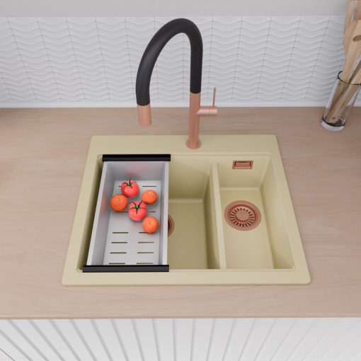 HD Aspen Beige 58 kétmedencés gránit mosogatótálca szett, vágódeszkával, matt fekete csepegtetőráccsal és krómozott kosárral, soft bézs színben, szálcsiszolt réz leeresztő szifonnal