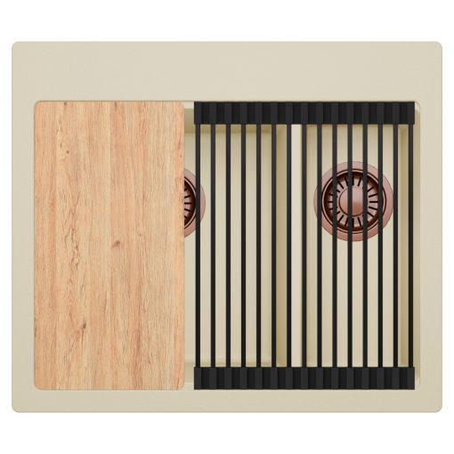 HD Aspen Beige 58 kétmedencés gránit mosogatótálca szett, vágódeszkával, matt fekete csepegtetőráccsal, soft bézs színben, szálcsiszolt réz leeresztő szifonnal