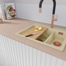 HD Aspen Beige 58 kétmedencés gránit mosogatótálca szett, vágódeszkával, matt fekete csepegtetőráccsal, soft bézs színben, szálcsiszolt réz leeresztő szifonnal