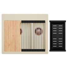 HD Aspen Beige 58 kétmedencés gránit mosogatótálca szett, vágódeszkával, acél csepegtetőráccsal és matt fekete kosárral, soft bézs színben, szálcsiszolt réz leeresztő szifonnal