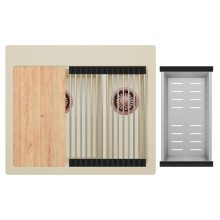 HD Aspen Beige 58 kétmedencés gránit mosogatótálca szett, vágódeszkával, acél csepegtetőráccsal és kosárral, soft bézs színben, szálcsiszolt réz leeresztő szifonnal