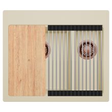 HD Aspen Beige 58 kétmedencés gránit mosogatótálca szett, vágódeszkával, acél csepegtetőráccsal, soft bézs színben, szálcsiszolt réz leeresztő szifonnal