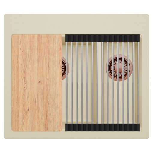 HD Aspen Beige 58 kétmedencés gránit mosogatótálca szett, vágódeszkával, acél csepegtetőráccsal, soft bézs színben, szálcsiszolt réz leeresztő szifonnal