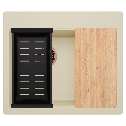 HD Aspen Beige 58 kétmedencés gránit mosogatótálca szett, vágódeszkával, matt fekete csepegtetőkosárral, soft bézs színben, szálcsiszolt réz leeresztő szifonnal