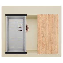 HD Aspen Beige 58 kétmedencés gránit mosogatótálca szett, vágódeszkával, acél csepegtetőkosárral, soft bézs színben, szálcsiszolt réz leeresztő szifonnal