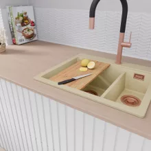 HD Aspen Beige 58 kétmedencés gránit mosogatótálca, vágódeszkával, soft bézs színben, szálcsiszolt réz leeresztő szifonnal
