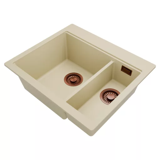HD Aspen Beige 58 kétmedencés gránit mosogatótálca, vágódeszkával, soft bézs színben, szálcsiszolt réz leeresztő szifonnal
