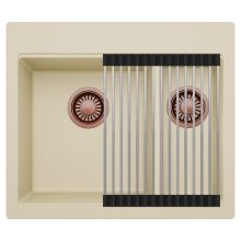 HD Aspen Beige 58 kétmedencés gránit mosogatótálca szett, acél csepegtetőráccsal, soft bézs színben, szálcsiszolt réz leeresztő szifonnal