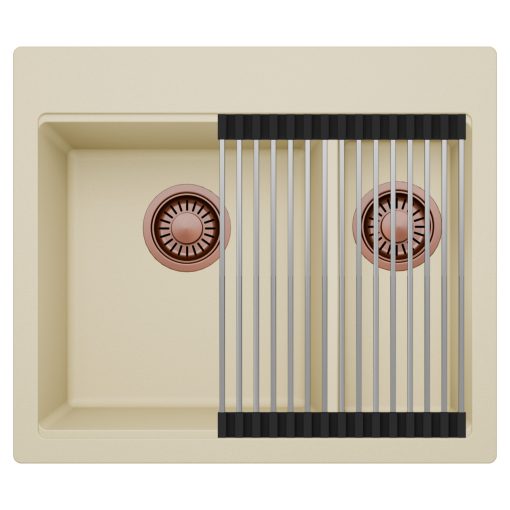 HD Aspen Beige 58 kétmedencés gránit mosogatótálca szett, acél csepegtetőráccsal, soft bézs színben, szálcsiszolt réz leeresztő szifonnal