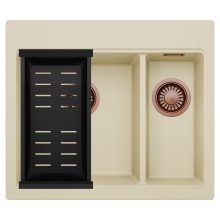 HD Aspen Beige 58 kétmedencés gránit mosogatótálca szett, matt fekete csepegtetőkosárral, soft bézs színben, szálcsiszolt réz leeresztő szifonnal