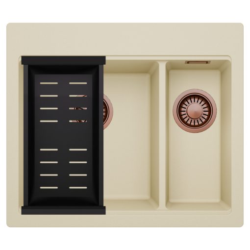 HD Aspen Beige 58 kétmedencés gránit mosogatótálca szett, matt fekete csepegtetőkosárral, soft bézs színben, szálcsiszolt réz leeresztő szifonnal