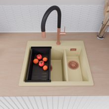 HD Aspen Beige 58 kétmedencés gránit mosogatótálca szett, matt fekete csepegtetőkosárral, soft bézs színben, szálcsiszolt réz leeresztő szifonnal