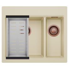 HD Aspen Beige 58 kétmedencés gránit mosogatótálca szett, acél csepegtetőkosárral, soft bézs színben, szálcsiszolt réz leeresztő szifonnal