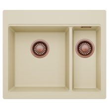 HD Aspen Beige 58 kétmedencés gránit mosogatótálca, soft bézs színben, szálcsiszolt réz leeresztő szifonnal