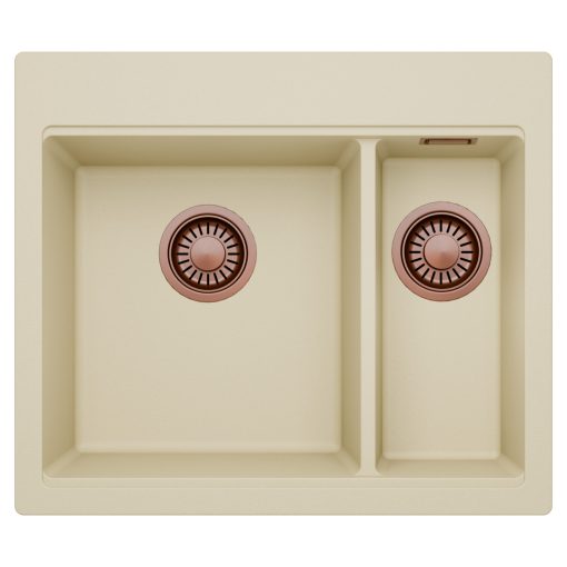 HD Aspen Beige 58 kétmedencés gránit mosogatótálca, soft bézs színben, szálcsiszolt réz leeresztő szifonnal