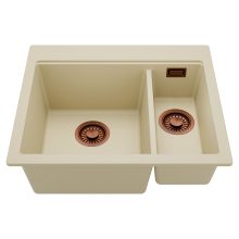 HD Aspen Beige 58 kétmedencés gránit mosogatótálca, soft bézs színben, szálcsiszolt réz leeresztő szifonnal