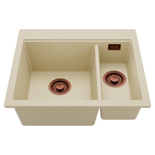 HD Aspen Beige 58 kétmedencés gránit mosogatótálca, soft bézs színben, szálcsiszolt réz leeresztő szifonnal