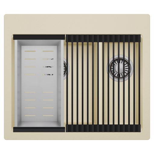 HD Aspen Beige 58 kétmedencés gránit mosogatótálca szett, matt fekete csepegtetőráccsal és krómozott kosárral, soft bézs színben