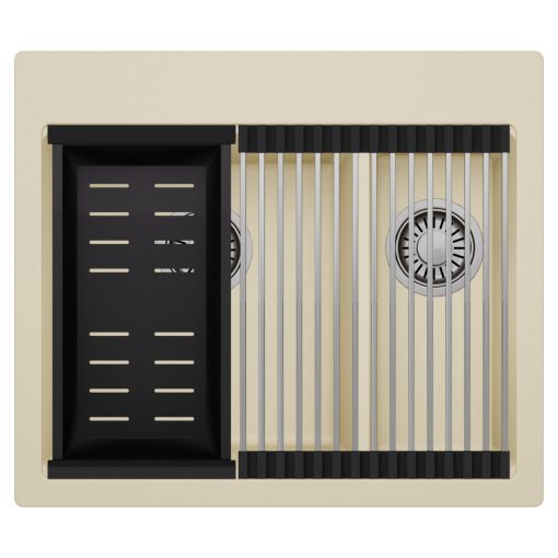 HD Aspen Beige 58 kétmedencés gránit mosogatótálca szett, acél csepegtetőráccsal és matt fekete kosárral, soft bézs színben