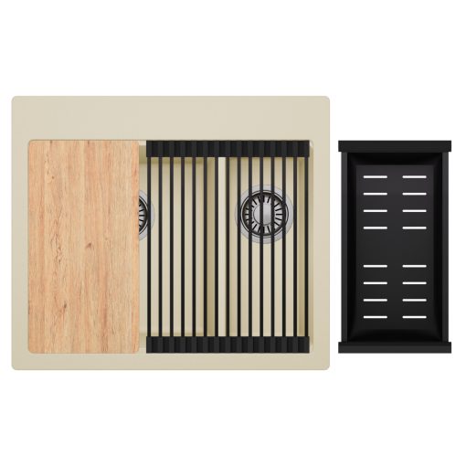 HD Aspen Beige 58 kétmedencés gránit mosogatótálca szett, vágódeszkával, matt fekete csepegtetőráccsal és kosárral, soft bézs színben