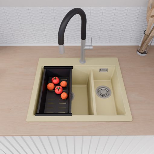 HD Aspen Beige 58 kétmedencés gránit mosogatótálca szett, vágódeszkával, matt fekete csepegtetőráccsal és kosárral, soft bézs színben