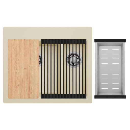 HD Aspen Beige 58 kétmedencés gránit mosogatótálca szett, vágódeszkával, matt fekete csepegtetőráccsal és krómozott kosárral, soft bézs színben