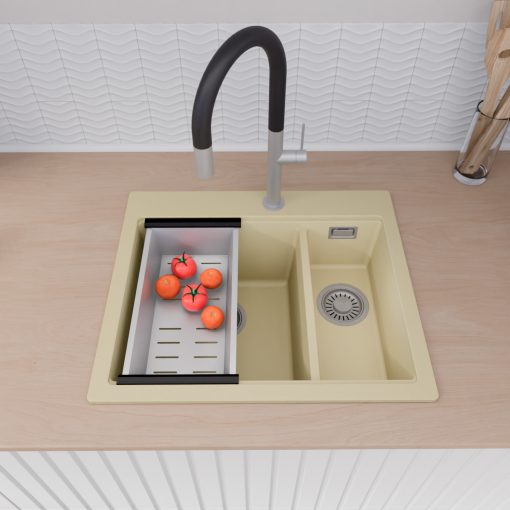 HD Aspen Beige 58 kétmedencés gránit mosogatótálca szett, vágódeszkával, matt fekete csepegtetőráccsal és krómozott kosárral, soft bézs színben