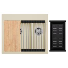 HD Aspen Beige 58 kétmedencés gránit mosogatótálca szett, vágódeszkával, acél csepegtetőráccsal és matt fekete kosárral, soft bézs színben