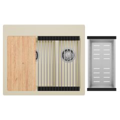   HD Aspen Beige 58 kétmedencés gránit mosogatótálca szett, vágódeszkával, acél csepegtetőráccsal és kosárral, soft bézs színben