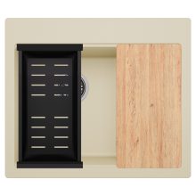 HD Aspen Beige 58 kétmedencés gránit mosogatótálca szett, vágódeszkával, matt fekete csepegtetőkosárral, soft bézs színben