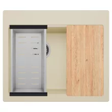HD Aspen Beige 58 kétmedencés gránit mosogatótálca szett, vágódeszkával, acél csepegtetőkosárral, soft bézs színben