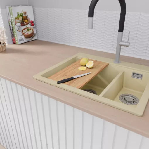 HD Aspen Beige 58 kétmedencés gránit mosogatótálca, vágódeszkával, soft bézs színben