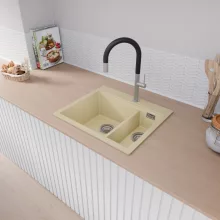 HD Aspen Beige 58 kétmedencés gránit mosogatótálca, vágódeszkával, soft bézs színben