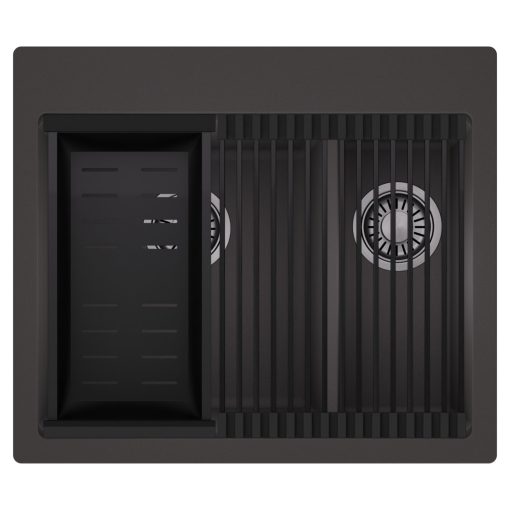 HD Aspen Antracit 58 kétmedencés gránit mosogatótálca szett, matt fekete csepegtetőráccsal és kosárral, matt antracit színben, szálcsiszolt króm leeresztő szifonnal