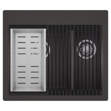 HD Aspen Antracit 58 kétmedencés gránit mosogatótálca szett, matt fekete csepegtetőráccsal és krómozott kosárral, matt antracit színben, szálcsiszolt króm leeresztő szifonnal