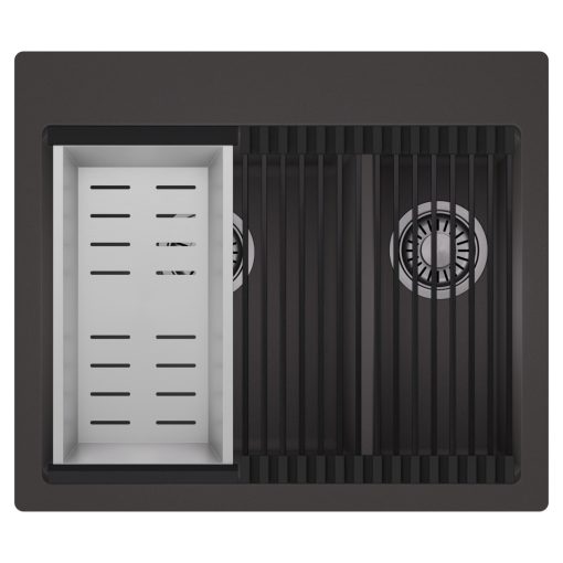 HD Aspen Antracit 58 kétmedencés gránit mosogatótálca szett, matt fekete csepegtetőráccsal és krómozott kosárral, matt antracit színben, szálcsiszolt króm leeresztő szifonnal