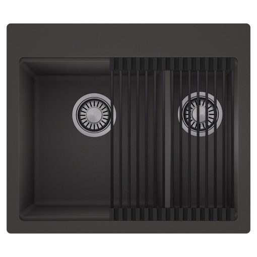 HD Aspen Antracit 58 kétmedencés gránit mosogatótálca szett, matt fekete csepegtetőráccsal, matt antracit színben, szálcsiszolt króm leeresztő szifonnal