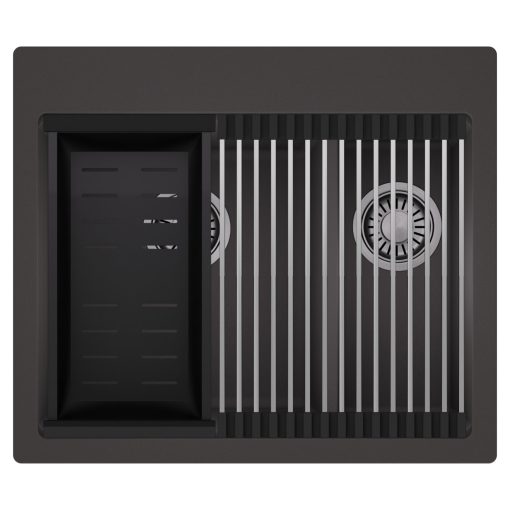 HD Aspen Antracit 58 kétmedencés gránit mosogatótálca szett, acél csepegtetőráccsal és matt fekete kosárral, matt antracit színben, szálcsiszolt króm leeresztő szifonnal