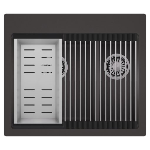 HD Aspen Antracit 58 kétmedencés gránit mosogatótálca szett, acél csepegtetőráccsal és kosárral, matt antracit színben, szálcsiszolt króm leeresztő szifonnal
