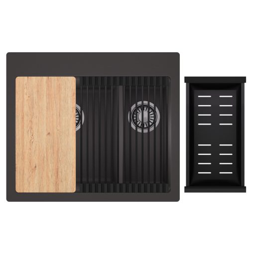 HD Aspen Antracit 58 kétmedencés gránit mosogatótálca szett, vágódeszkával, matt fekete csepegtetőráccsal és kosárral, matt antracit színben, szálcsiszolt króm leeresztő szifonnal