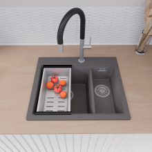 HD Aspen Antracit 58 kétmedencés gránit mosogatótálca szett, vágódeszkával, matt fekete csepegtetőráccsal és krómozott kosárral, matt antracit színben, szálcsiszolt króm leeresztő szifonnal