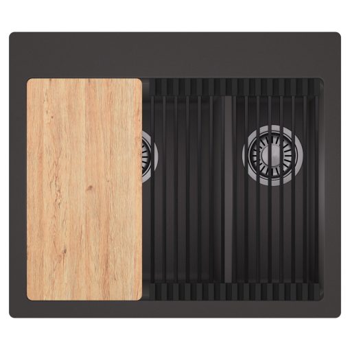 HD Aspen Antracit 58 kétmedencés gránit mosogatótálca szett, vágódeszkával, matt fekete csepegtetőráccsal, matt antracit színben, szálcsiszolt króm leeresztő szifonnal