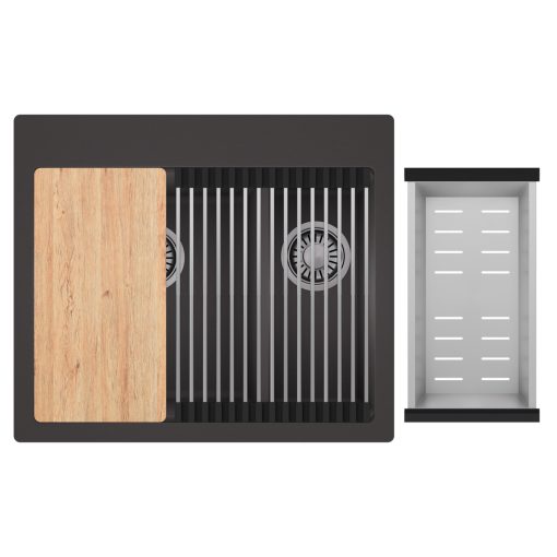HD Aspen Antracit 58 kétmedencés gránit mosogatótálca szett, vágódeszkával, acél csepegtetőráccsal és kosárral, matt antracit színben, szálcsiszolt króm leeresztő szifonnal
