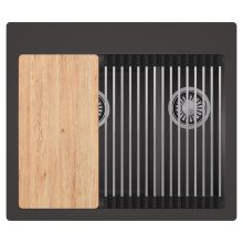 HD Aspen Antracit 58 kétmedencés gránit mosogatótálca szett, vágódeszkával, acél csepegtetőráccsal, matt antracit színben, szálcsiszolt króm leeresztő szifonnal