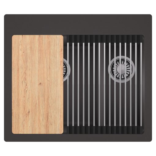 HD Aspen Antracit 58 kétmedencés gránit mosogatótálca szett, vágódeszkával, acél csepegtetőráccsal, matt antracit színben, szálcsiszolt króm leeresztő szifonnal