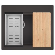 HD Aspen Antracit 58 kétmedencés gránit mosogatótálca szett, vágódeszkával, acél csepegtetőkosárral, matt antracit színben, szálcsiszolt króm leeresztő szifonnal