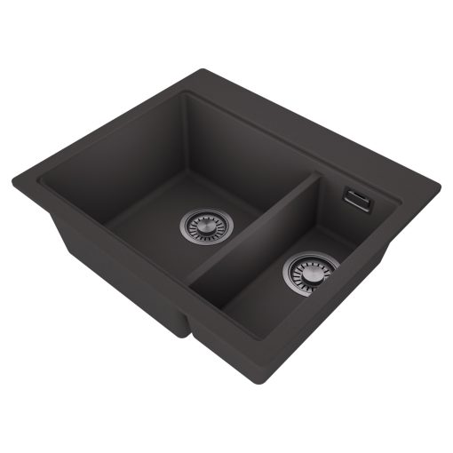 HD Aspen Antracit 58 kétmedencés gránit mosogatótálca, vágódeszkával, matt antracit színben, szálcsiszolt króm leeresztő szifonnal